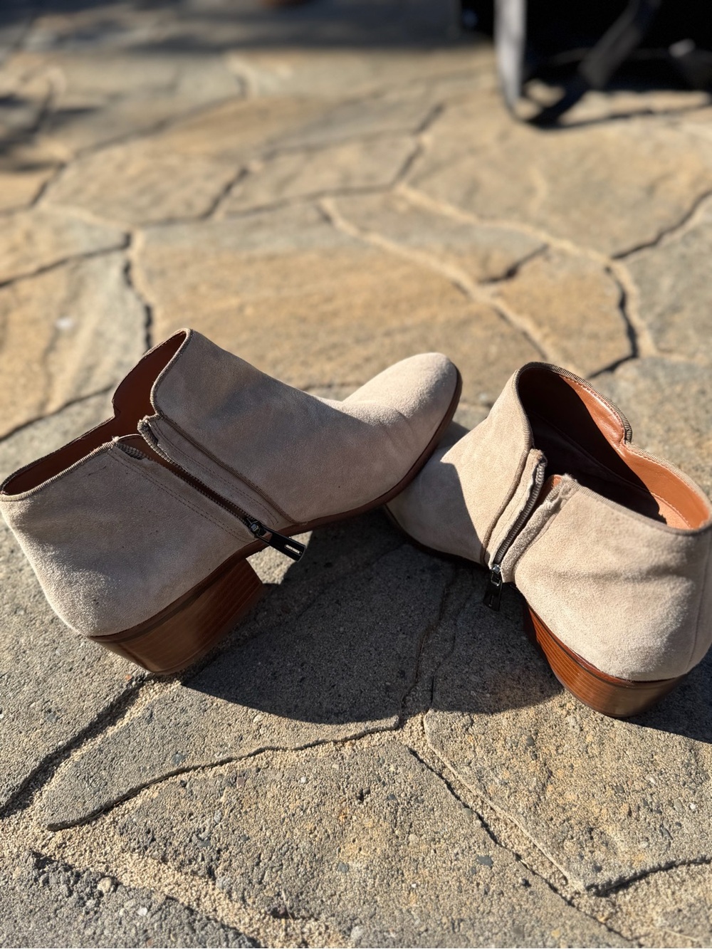 Sam Edelman Taupe Suede Ankle Booties with Wood Block Heel